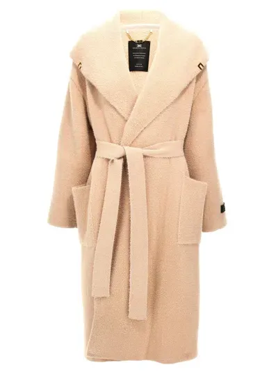 Elisabetta Franchi Belted Waist Shawl Collar Textured Fabric Coat In Pink