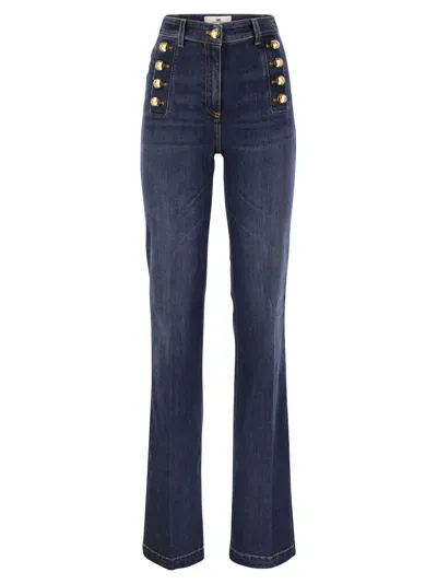 Elisabetta Franchi Stretch Cotton Flared Jeans With Side Button Fastening In Blue