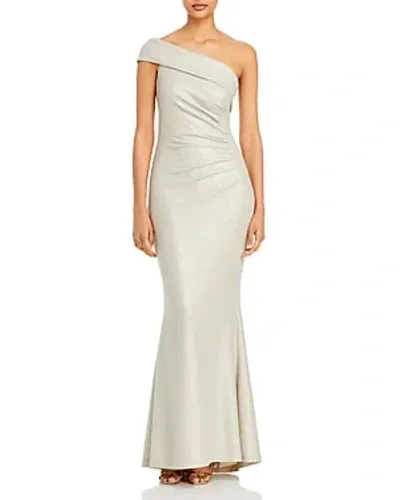 Eliza J Metallic Knit One Shoulder Gown In Champagne