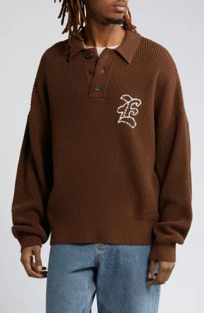 Elwood Oversize Long Sleeve Sweater Polo In Soil