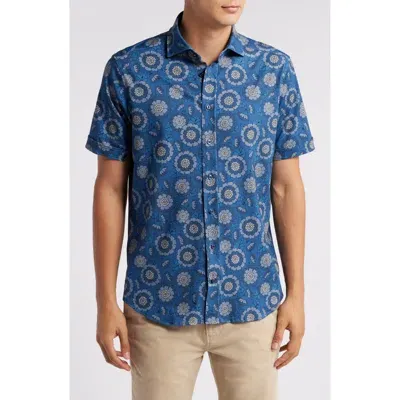 Emanuel Berg 4flex Modern Fit Floral Short Sleeve Knit Button-up Shirt In Medium Blue