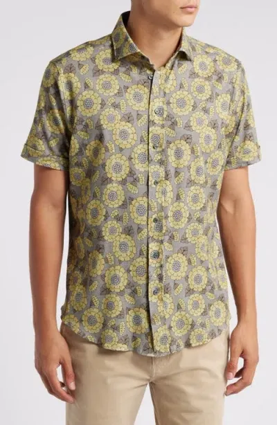 Emanuel Berg 4flex Modern Fit Floral Short Sleeve Knit Button-up Shirt In Medium Yellow