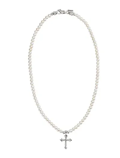 Emanuele Bicocchi Cross Pendant Pearl Necklace In White