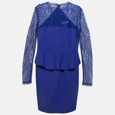 Pre-owned Emilio Pucci Blue Lace Trim Stretch Crepe Peplum Pencil Dress L