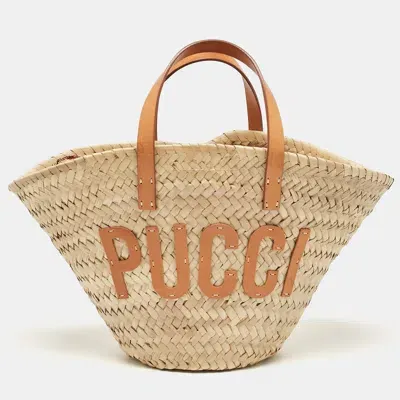 Pre-owned Emilio Pucci Tan/natural Raffia And Leather Small Logo Basket Bag