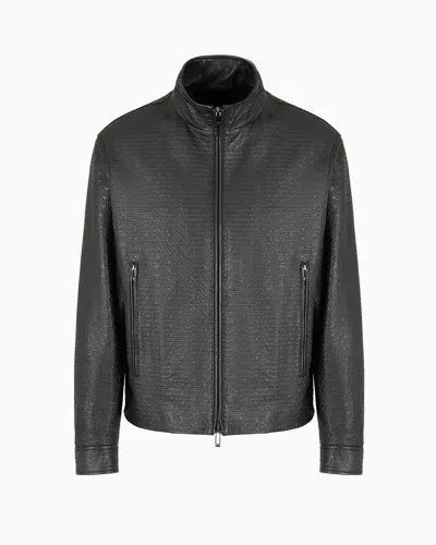 Emporio Armani Asv Loose-fit Full-zip Jacket In Vegetable-tanned Nappa Lambskin With All-over Embossed Logo In Gray