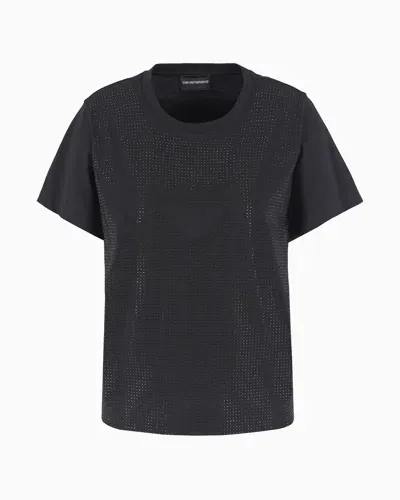 Emporio Armani Asv Supima Jersey T-shirt With All-over Rhinestones And Eagle In Black