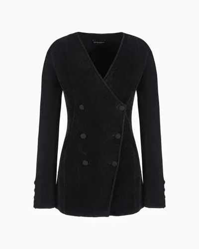 Emporio Armani Double-breasted Blazer In Terry-effect Bonded Chenille In Black