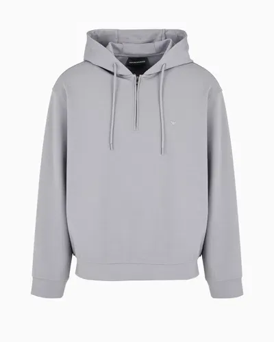 Emporio Armani Hooded Sweatshirt With Partial Zip, In A Wool-blend Jersey In Gray