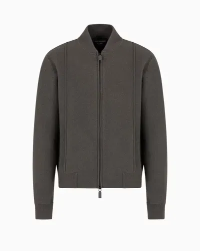 Emporio Armani Icon Zipped Blouson In A Virgin-wool Knit In Gray