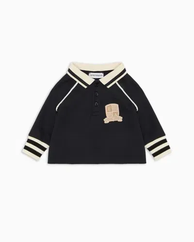 Emporio Armani Kids' Jersey Polo Shirt With Logo Crest Patch In Navy Blue