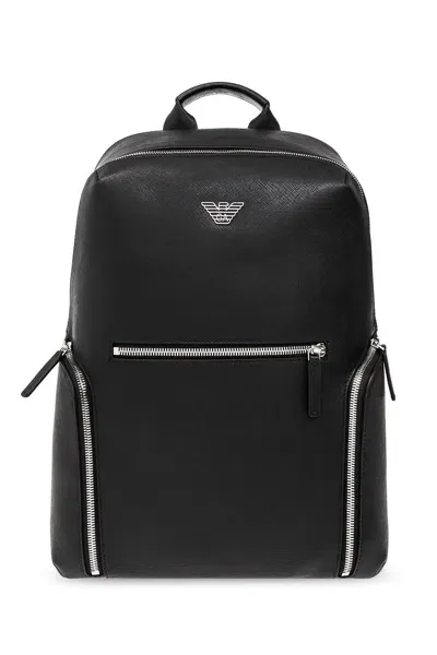 Emporio Armani Logo Plaque Zipped Backpack In Black