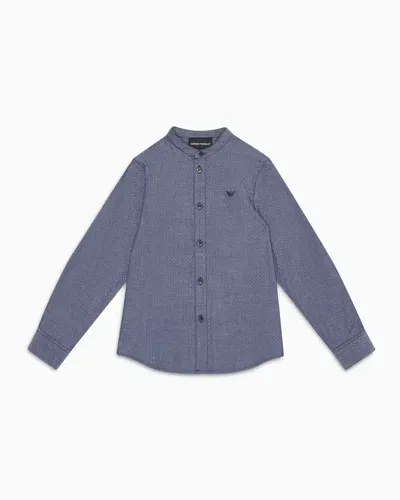 Emporio Armani Kids' Micro-textured Cotton Shirt With Guru Collar In Blue