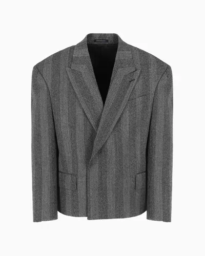 Emporio Armani Short Single-breasted Blazer In Compact Virgin Wool With Chevron Stripes In Gray