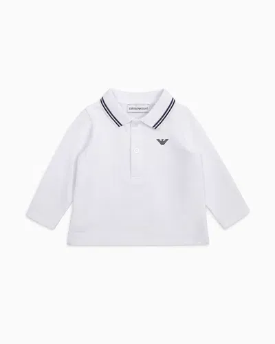 Emporio Armani Kids' Stretch-piqué Long-sleeved Polo Shirt With Trimmed Collar In White