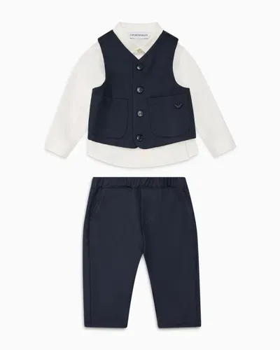 Emporio Armani Kids' Suit With Shirt, Waistcoat And Trousers In Corduroy In Blue