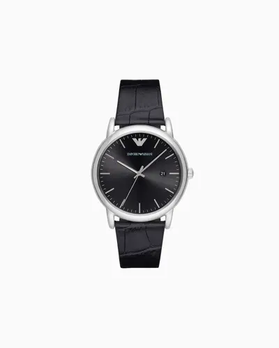 Emporio Armani Three-hand Date Black Leather Watch In Blue