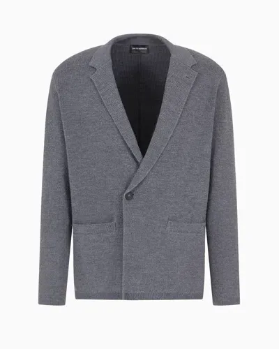 Emporio Armani Virgin Wool-blend Knit Double-breasted Blazer In Gray