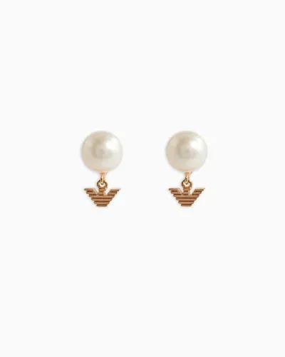 Emporio Armani White Pearl Stud Earrings In Gold