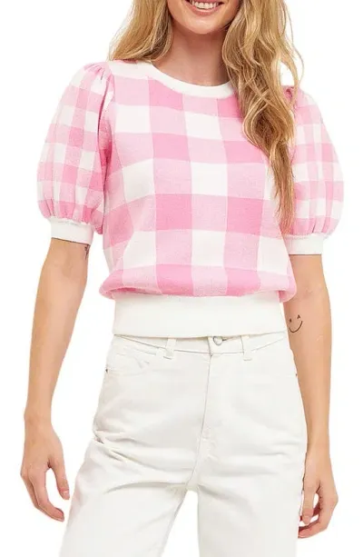 English Factory Gingham Puff Sleeve Sweater In Pink