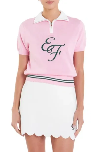 English Factory Sports Club Monogram Embroidered Linen & Cotton Quarter Zip Polo Sweater In Pink