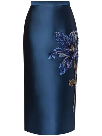 Erdem Beaded Floral Silk Midi Pencil Skirt In Navy