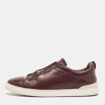 Pre-owned Ermenegildo Zegna Burgundy Leather Triple Stitch Slip On Sneakers Size 42.5