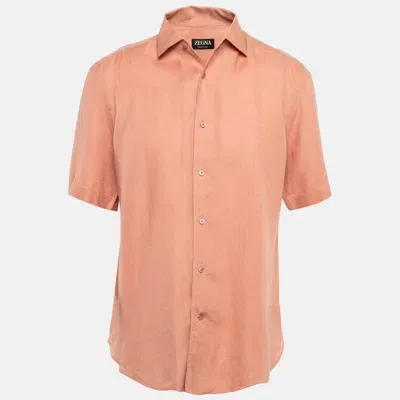 Pre-owned Ermenegildo Zegna Dust Pink Linen Short Sleeve Shirt L