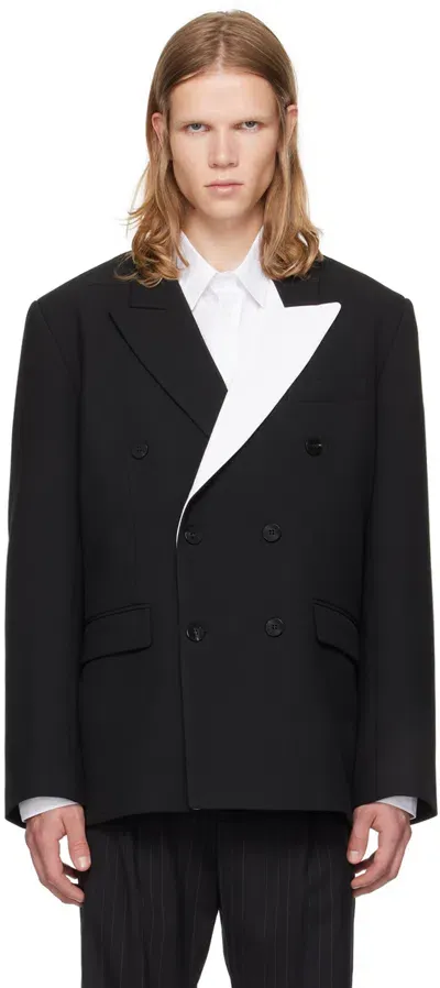 Ernest W Baker Black Double-breasted Blazer In Black & White Lapel