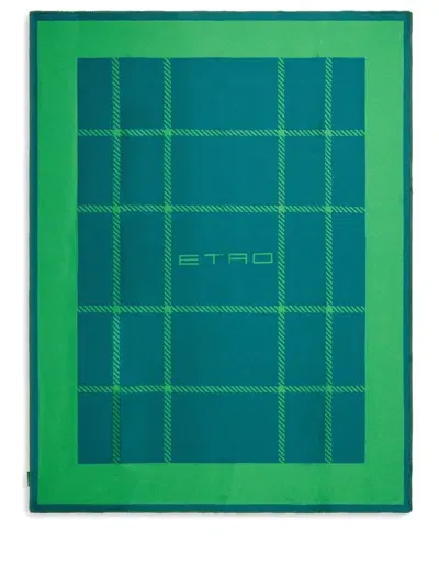 Etro Home Logo Checkered Blanket In Green