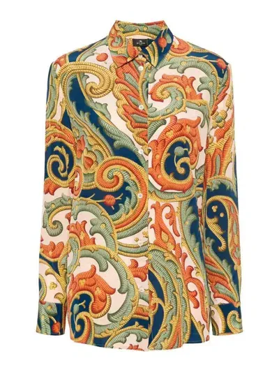 Etro Abstract-print Silk Shirt In Orange