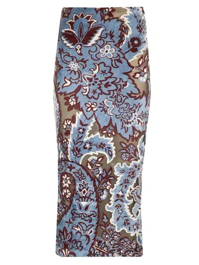 Etro Stretch Velvet Midi Skirt In Marrone/azzurro