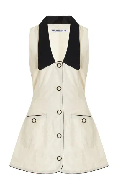 Fait Par Foutch Adrienna Linen-trimmed Cotton-blend Tuxedo Mini Dress In Black,white