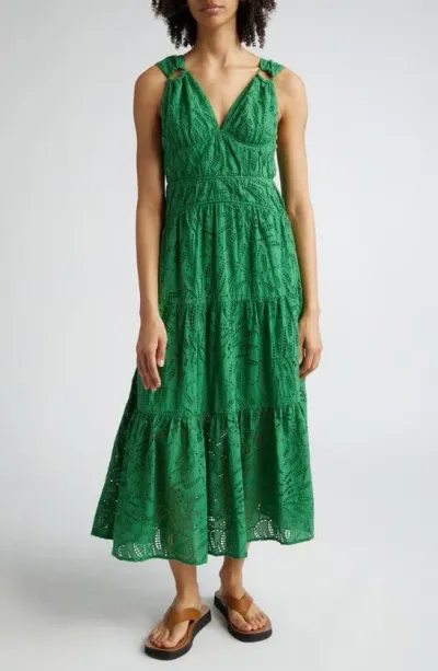 Farm Rio Monstera Corset Tiered Midi Dress In Green