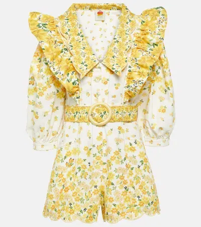 Farm Rio Ruffled Floral Cotton Romper In Yellow