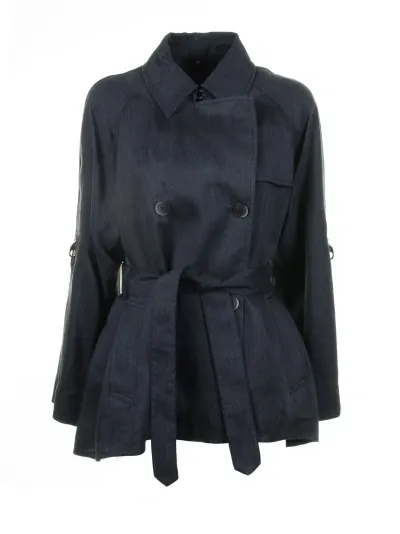 Fay Navy Blue Double-breasted Trench Jacket With Belt In Black