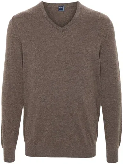 Fedeli V-neck.cashmere Jumper In Brown