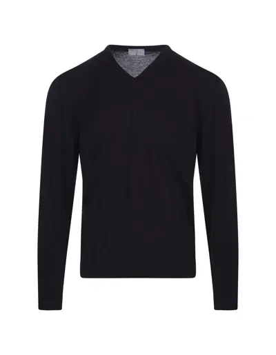 Fedeli Navy Blue Wool V-neck Pullover