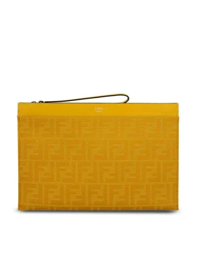 Fendi Ff Jacquard Flat Medium Pouch In Yellow