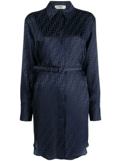 Fendi Ff-jacquard Silk Shirtdress In Blue