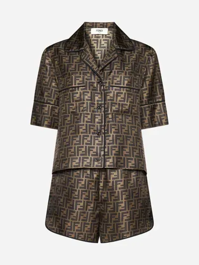 Fendi Ff Silk Shirt + Shorts Pajamas Set In Brown