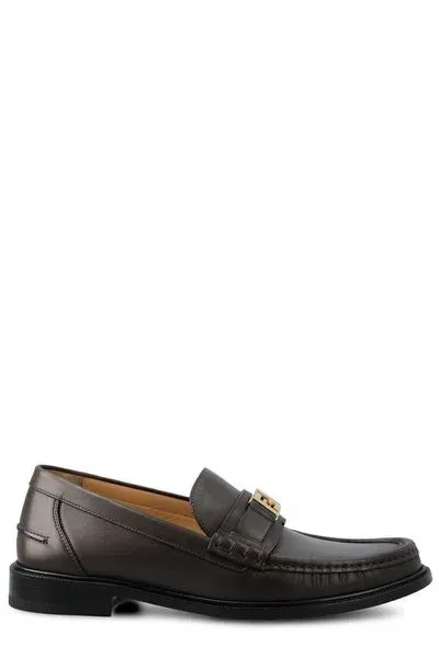 Fendi Ff-plaque Leather Squared Loafers In Brown