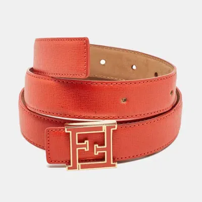 Pre-owned Fendi Orange Leather Ff Logo Buckle Belt 85cm