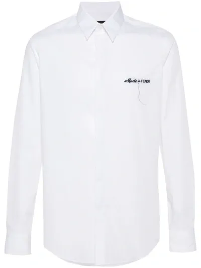 Fendi Slogan-embroidered Cotton Shirt In White