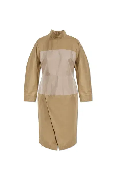 Fendi Stand Up Collar Midi Dress In Beige