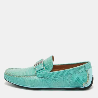 Pre-owned Ferragamo Aqua Green Lizard Sardegna Loafers Size 41