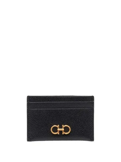 Ferragamo Black Card-holder With Gancini Detail In Hammered Leather Woman