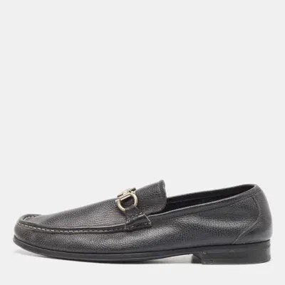 Pre-owned Ferragamo Black Leather Gancini Driver Loafers Size 45