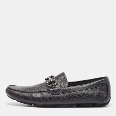 Pre-owned Ferragamo Black Leather Gancini Slip On Loafers Size 44.5