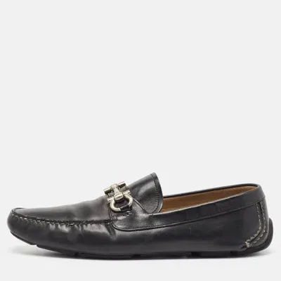 Pre-owned Ferragamo Black Leather Gancio Loafers Size 47